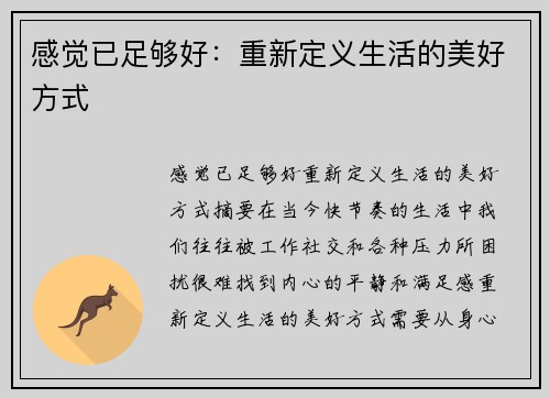 感觉已足够好：重新定义生活的美好方式